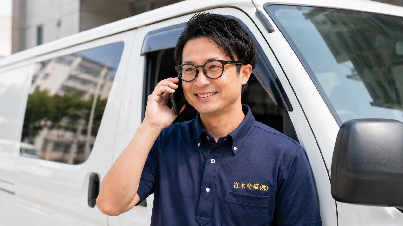 宮木商事の代表が車両の前で電話に応対している様子