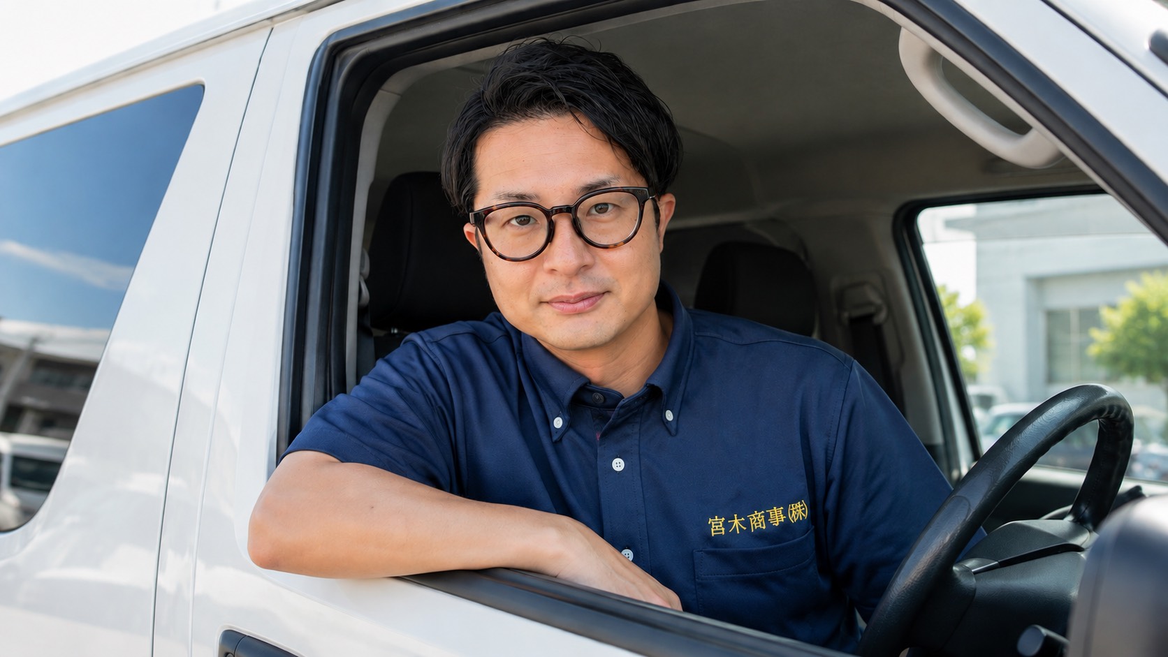 1t車の運転席から窓越しにこちらを見る宮木商事の代表