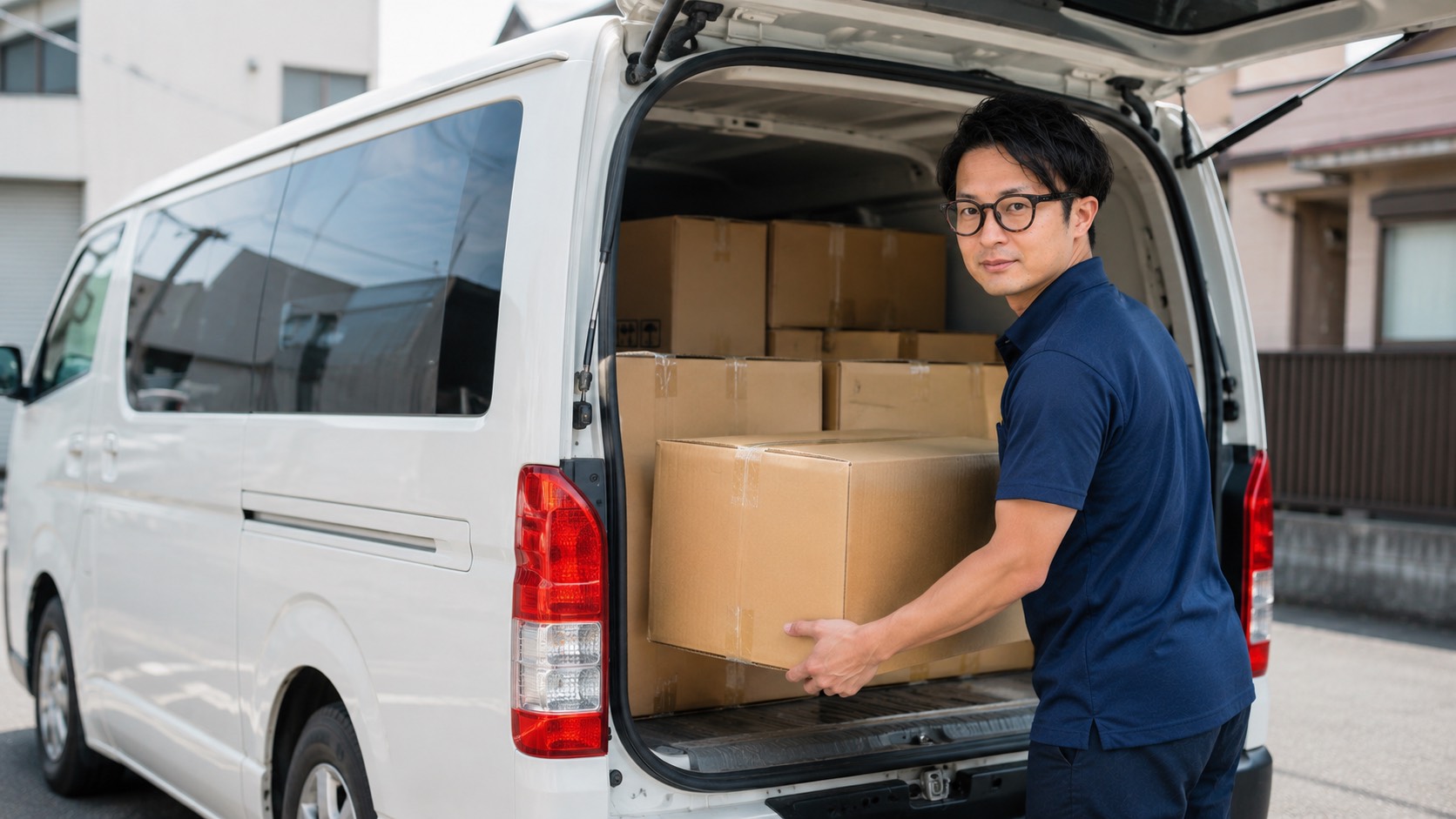 ハイエースの荷室に段ボールを積み込む宮木商事のドライバー